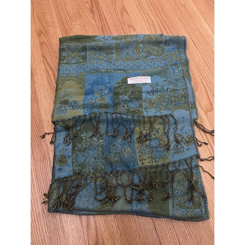 Pashmina 55% Pashmina 45% Silk Scarf  Blue Green Paisley Floral Soft Lightweight